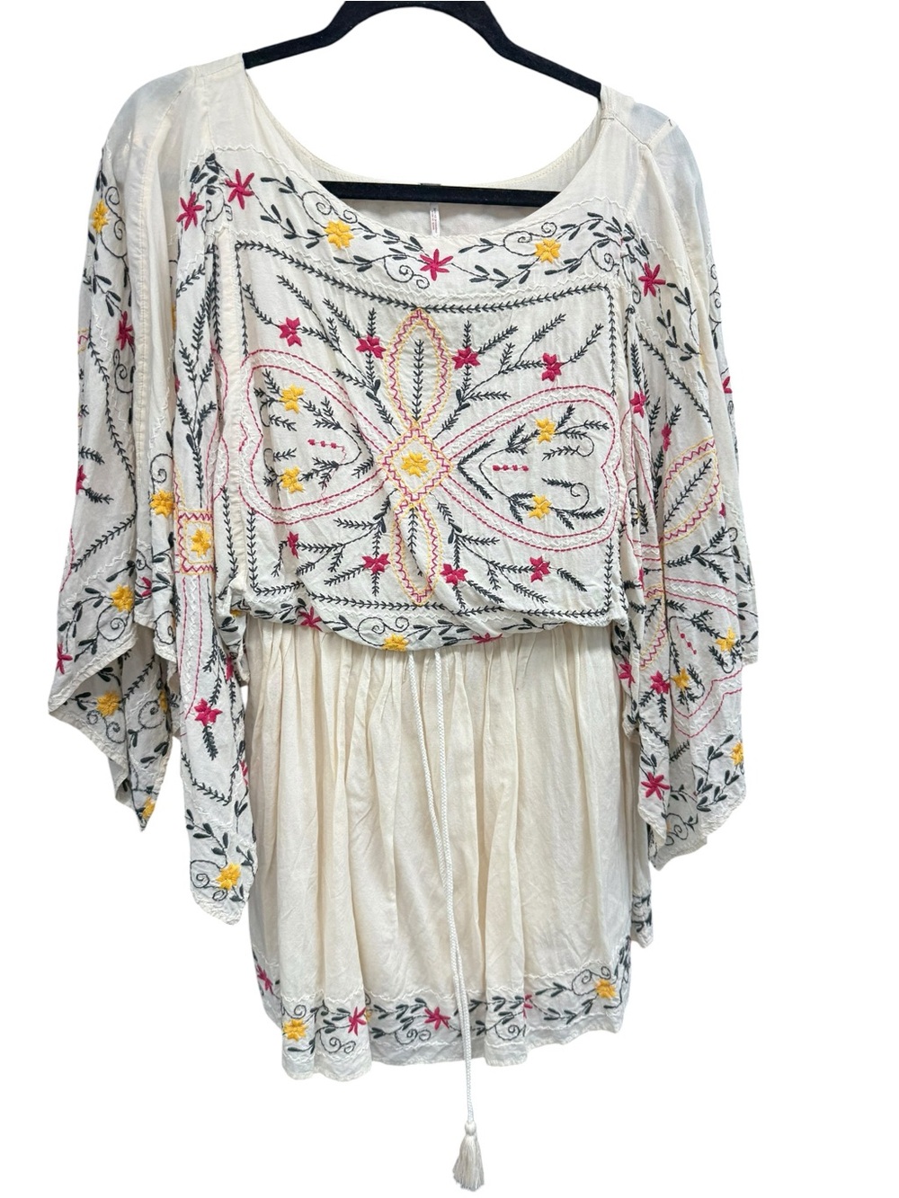 Free People Cream Embroidered Boho Tunic with Pink & Yellow Accents